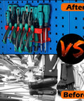 Magnetic Screwdriver Holder And Heavy Duty Tool Organizer Rack for garage wall mount showing before and after tool organization.