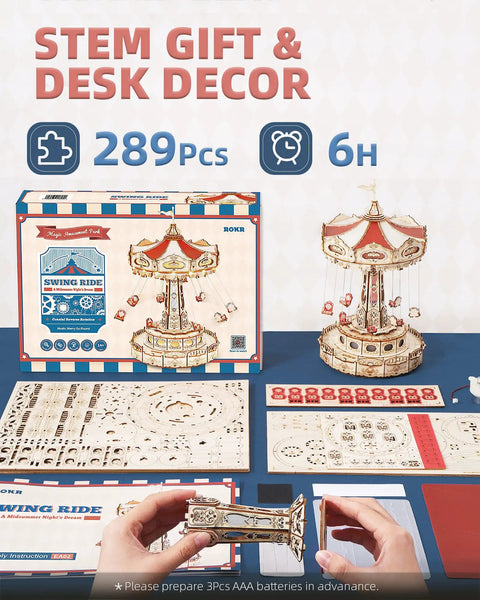 LED Swing Ride 3D Puzzle Kit For Adults And Teens, DIY Music Box Model Building Set With Lights, Rotating Seats, And Mirror Tower, Interactive Wooden Craft That Dazzles, A Killer Gift For Puzzle Nerds And STEM Fans. 289 pcs, 6h, wooden parts