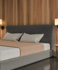 Plug In Wall Light Set Of 2 With Swing Arm Design, Linen Lampshades, Modern Bedroom Wall Sconces For Reading, Hallway And Living Room, 270 Degree Adjustable Head, Easy Install, Cozy Accent Lighting next to bed in modern wooden room