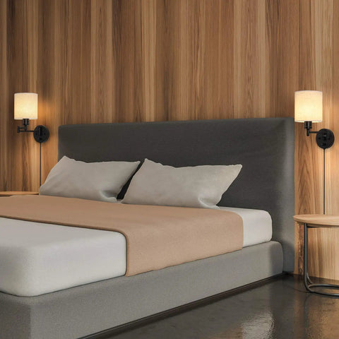 Plug In Wall Light Set Of 2 With Swing Arm Design, Linen Lampshades, Modern Bedroom Wall Sconces For Reading, Hallway And Living Room, 270 Degree Adjustable Head, Easy Install, Cozy Accent Lighting next to bed in modern wooden room