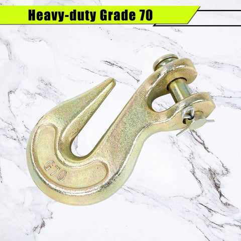 Rock Solid Grade 70 Chain Hook Half Inch Clevis Grab Hook 12000 Lbs Working Load Limit close-up view on marble background.