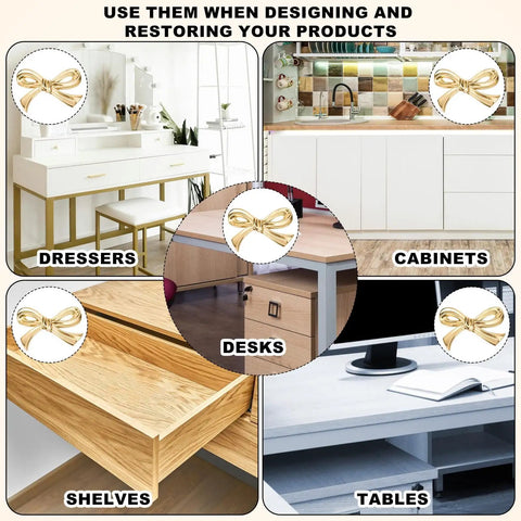 Image showcasing Bow Shape Cabinet Knobs Set Of 6 Brass Vintage Gold Finish Drawer Pulls for dressers, cabinets, desks, tables, shelves.