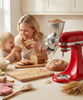 Grain Mill Attachment For KitchenAid Stand Mixer With Nine Grind Levels for Fresh Flour shown grinding flour in kitchen setup
