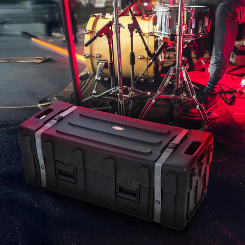 Road Ready Drum Hardware Case With Wheels And Telescoping Handle Featuring Hella Durable Roto Molded Polyethylene Construction Secure Cinch Straps For Stands Pedals And Gear Hauling Black in a performance setting.