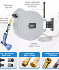 Heavy Duty Workhorse Wall Mounted Retractable Garden Hose Reel With 50 Ft Reach Half Inch Quick Connect 10 Pattern Sprayer Auto Rewind UV Resistant 180 Degree Swivel Easy Mount Gray diagram with features highlighted