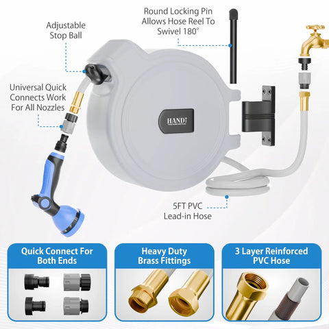 Heavy Duty Workhorse Wall Mounted Retractable Garden Hose Reel With 50 Ft Reach Half Inch Quick Connect 10 Pattern Sprayer Auto Rewind UV Resistant 180 Degree Swivel Easy Mount Gray diagram with features highlighted
