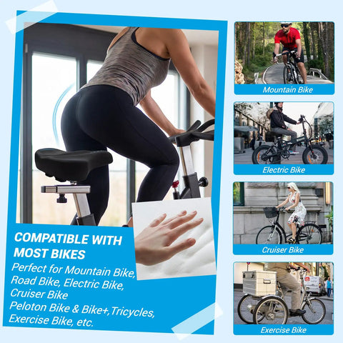 Ultra Wide Oversized Bike Seat Cushion With Comfy Memory Foam For Men And Women Waterproof Universal Saddle Upgrade For Road Mountain City Bikes Ride All Day Pain Free, shown on exercise bike