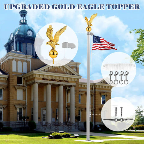Top Tier Gold Bald Eagle Flag Pole Topper With Heavy Duty Hardware Kit 11 Inch Rotating Finial on flagpole by courthouse.