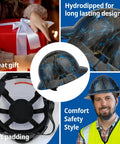 Full Brim Hard Hat with 6 Point Ratchet Suspension OSHA Safety Helmet Lightweight HDPE Construction Hat Built For All Day Comfort Durable Protective Gear For Men And Women Multi Accessory Slots Worksite Ready For Tough Jobs shown with hydrodipped design and worker wearing it