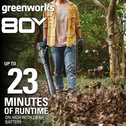 Person using 80V Cordless Axial Leaf Blower with 150 MPH Air, 500 CFM, 2.0Ah Battery and Charger Included to clear leaves