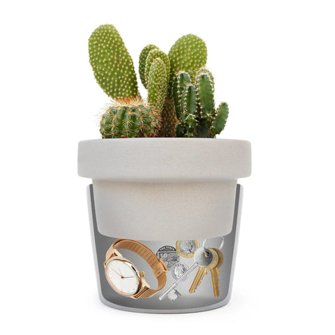 Hidden Storage Plant Pot Key Hider and Money Stash Safe with cacti and inner compartment for cash and keys shown