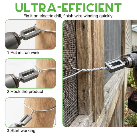Heavy Duty Electric Wire Twisting Tool With 1/4 Inch Hex Shank Alloy Steel Construction used on electric drill for fencing.