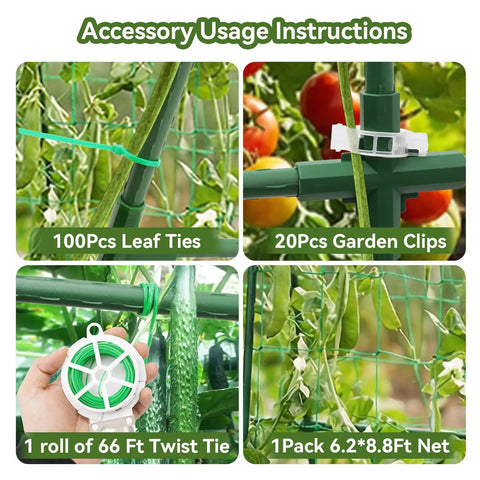 Garden accessory instructions for Arch Cucumber Trellis For Raised Beds including ties, clips, and net for climbing plants.