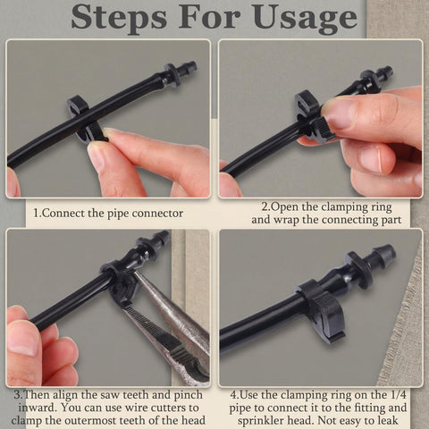 Steps to use 25 Pack One Quarter Inch Max Grip Double Gripping Nylon Hose Clamps with Adjustable Ratcheting Mechanism for garden irrigation.