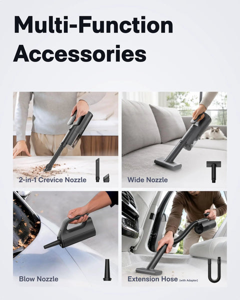 Multi-function accessories for No Sweat Cordless Handheld Car Vacuum Cleaner Packing Serious 23000 Pa Suction for detailing.