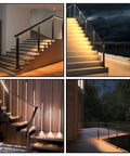 Rock Solid Heavy Duty Black Aluminum LED Cable Railing Handrail Six Foot Six Inches For Deck And Stairs Includes Extension Connector And End Cap Slick Indoor Outdoor Safety Guard Rail displayed in various indoor and outdoor settings.