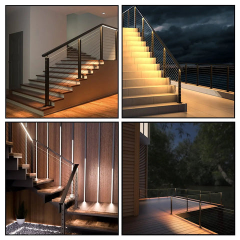 Rock Solid Heavy Duty Black Aluminum LED Cable Railing Handrail Six Foot Six Inches For Deck And Stairs Includes Extension Connector And End Cap Slick Indoor Outdoor Safety Guard Rail displayed in various indoor and outdoor settings.