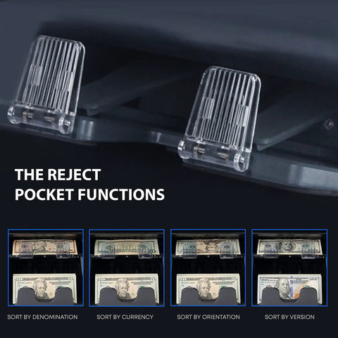 Dual Pocket Money Counter With Built In Receipt Printer And Bank Grade Counterfeit Detection showing reject pocket functions for cash sorting.