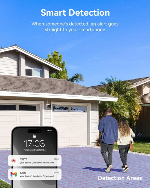 Smart detection notification on smartphone near house with wireless security camera system.
