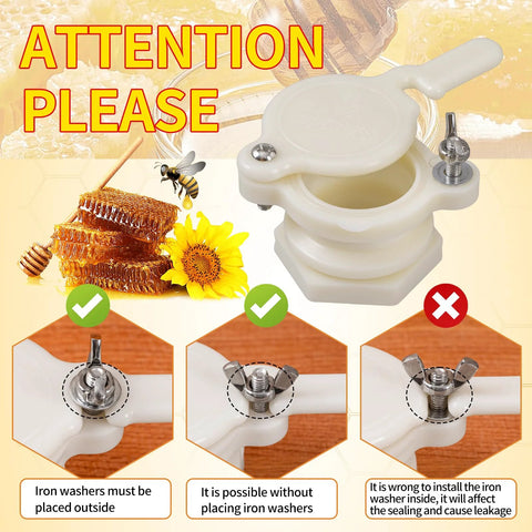 Front view of HunterBee honey gate valve for 5-gallon bucket; white plastic with metal wing nut and lever.