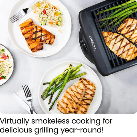 Smokeless Indoor Grill With Nonstick Cooking Surface And Adjustable Temperature From Warm To Sear For Realistic At Home BBQ Flavor Easy Cleanup With Dishwasher Safe Water Tray Black grilling chicken and asparagus
