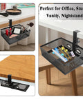 360 Degree Clamp-On Under Desk Swivel Organizer With No-Drill Install Sturdy Mesh Drawers holding cosmetics and office supplies