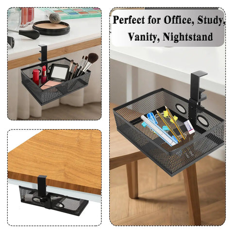 360 Degree Clamp-On Under Desk Swivel Organizer With No-Drill Install Sturdy Mesh Drawers holding cosmetics and office supplies