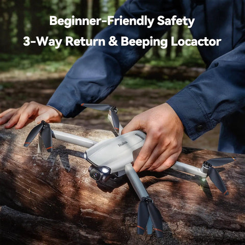 Person handling drone with Pro Grade Drone With 48MP 8K Photo Sensor, 3 Axis Gimbal Stabilizer, on a log outdoors