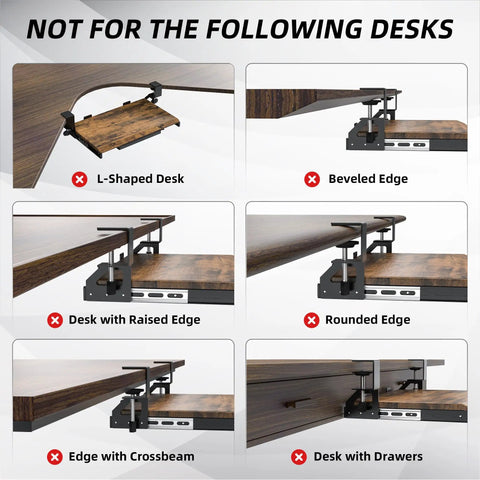 Image showing desks incompatible with Under Desk Keyboard Tray 19.7 X 12.2 Inches With C Clamp, including L-shaped and beveled edge desks.