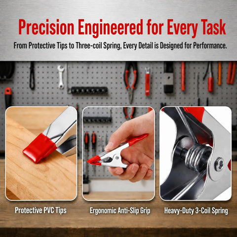 30 Pack 4 Inch Steel Spring Clamps with ergonomic handles, PVC tip protection, and heavy-duty 3-coil spring for performance