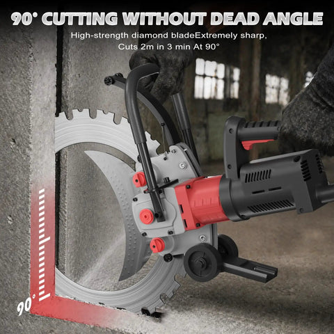 Heavy Duty 16-Inch Electric Concrete Ring Saw With Water Pump cutting through a concrete wall at 90 degrees, showcasing its diamond blade.