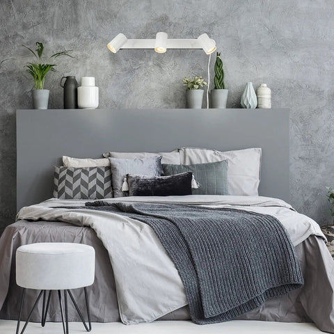 Three Light Plug In Track Lighting With Adjustable Heads In Matte White Finish in bedroom setting