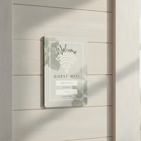 Custom Acrylic Sign 5x7 Inches For Indoor Use With Stand Personalized Logo And Text For Office Doors Reception Desks Waiting Areas And Home Signs Dope Looking Clear Acrylic Signage displaying welcome wifi info on wood wall.
