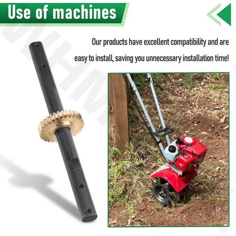 Replacement Tiller Shaft Tine Assembly Model 4651 for FG100 Tiller next to red garden cultivator.