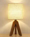 Wooden Tripod Table Lamp With Brown Base And Linen Fabric Shade, Space Saving Nightstand Light For Bedroom Kids Room Nursery Or Dorm
