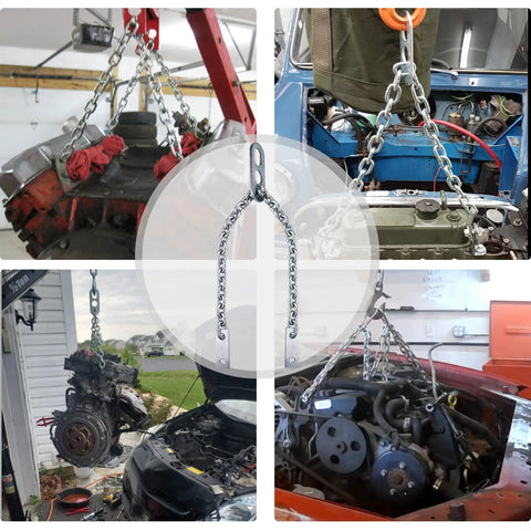 Front view of a 34-inch engine lift chain with 1,000 lb capacity, heavy steel links and hooks.
Side view of a 34-inch engine lift chain setup around a car engine bay for hoisting.
Close-up of the steel lifting chain links and hook ends for a 34-inch engine hoist.
Installed view: engine suspended by a 34-inch lift chain attached to the vehicle.