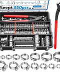 All In One Hose Clamp Kit With 350Pcs 5.3 To 51Mm Single Ear And Worm Gear Clamps in a portable box with pliers tool set.