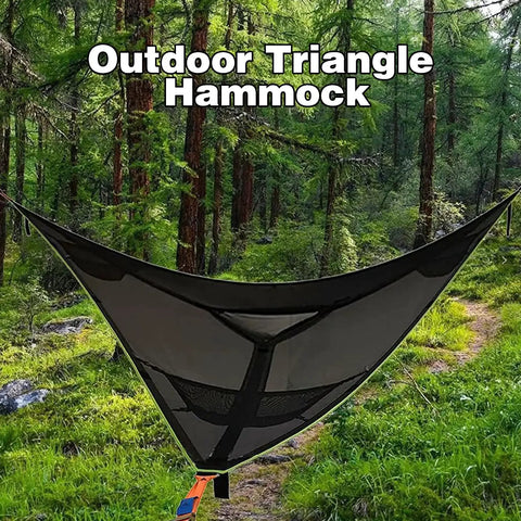 Triangle Camping Hammock Kit With 3 Ratchet Tie Down Straps And Storage Bag 800 Lb Capacity 13ft Multi Person Outdoor Hammock in forest