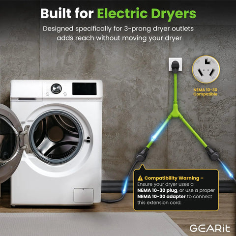 Y Splitter Dryer Cord 30 Amp NEMA 10 30P to Two NEMA 10 30R Receptacles 2.2 Foot STW 10 AWG 3 Conductor Power Cable for Dryer and EV Charger Hookup 125 Volt 250 Volt 7500 Watt High Voltage connected to washing machine
