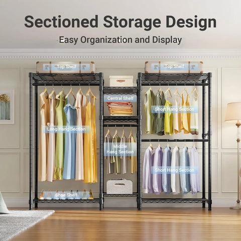 Heavy Duty Wire Clothes Rack Featuring Four Adjustable Hanging Rods And Seven Roomy Storage Shelves For An Absolute Boss Everyday Max Capacity Closet Storage Arrangement
