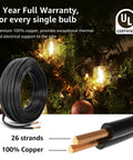 50 Foot Outdoor String Lights With 15 Shatterproof LED Edison Bulbs, copper wire close-up and glowing bulbs on tree, UL certified.