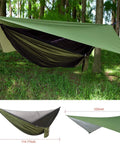 Go To Camping Hammock With Rain Fly Tarp And Built In Mosquito Net, Tree Straps Included, set up in a forest with dimensions shown.