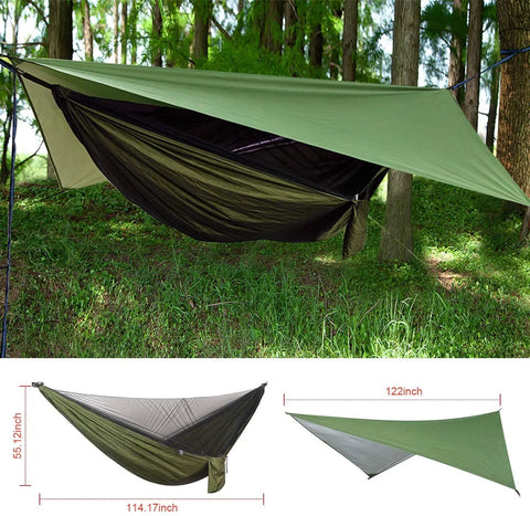 Go To Camping Hammock With Rain Fly Tarp And Built In Mosquito Net, Tree Straps Included, set up in a forest with dimensions shown.