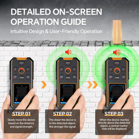 5 In 1 Stud Finder Wall Scanner With Laser Distance Meter And Digital Level Handy Rechargeable Multifunction Detector For Wood Metal Studs Pipes And Live Wires HD LCD Display And Voice Alerts, front view