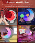 Super Handy Cordless Moon Lamp showing color picking and multi-scene presets with Alexa voice control and app connectivity.