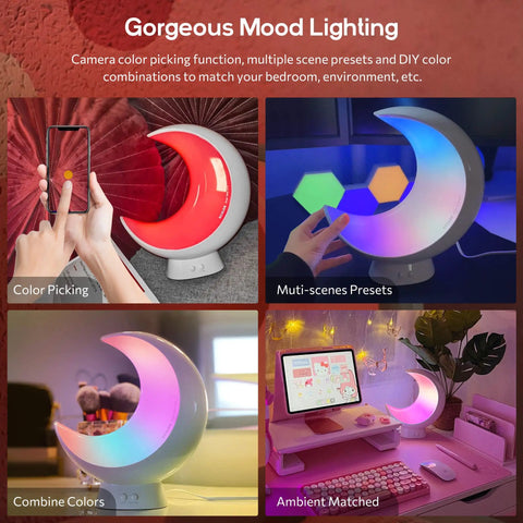Super Handy Cordless Moon Lamp showing color picking and multi-scene presets with Alexa voice control and app connectivity.