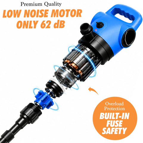 Heavy Duty Electric Drum Pump Blasts Through Fluids At Five Gallons Per Minute Fast Barrel Transfer Featuring Telescoping Tube And Dual Voltage Setup For Def Diesel Antifreeze Detergent And Light Oil Gets The Job Done In A Flash No Sweat, showing low noise motor and internal components.