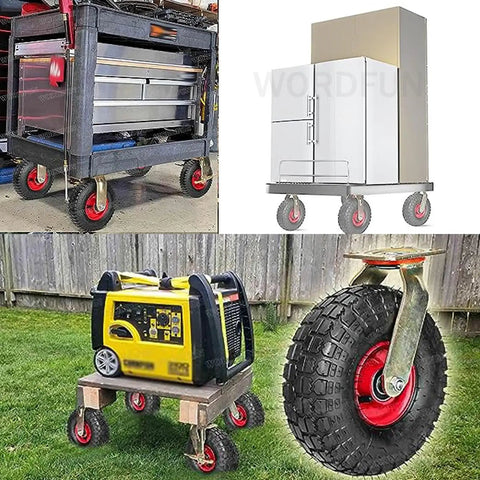 Various setups using Heavy Duty Pneumatic Caster Wheels With Tubeless Natural Rubber Tires for easy mobility of tools and equipment.