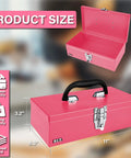 Pink 11 Inch Portable Steel Tool Box With Metal Latch, compact tool chest for home garage and craft storage, closed and open view