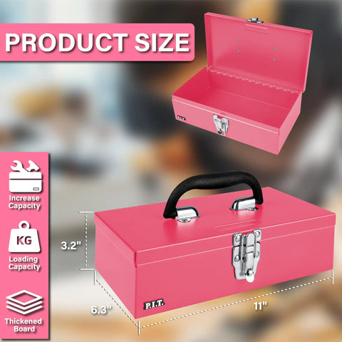 Pink 11 Inch Portable Steel Tool Box With Metal Latch, compact tool chest for home garage and craft storage, closed and open view